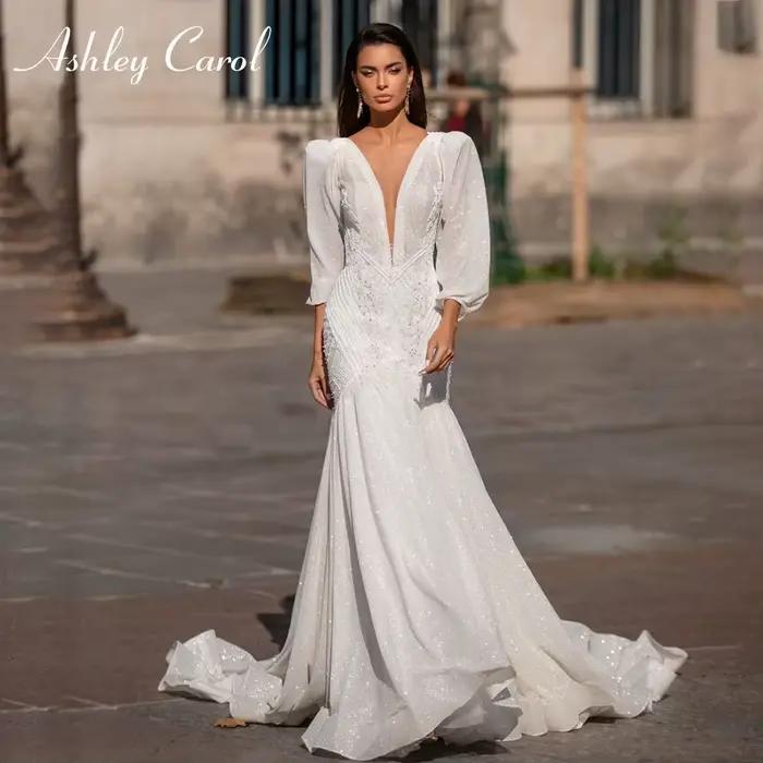 Ashley Carol-Robes de mariée sirène à manches bouffantes, robe de mariée sexy, dos nu, col en V, per