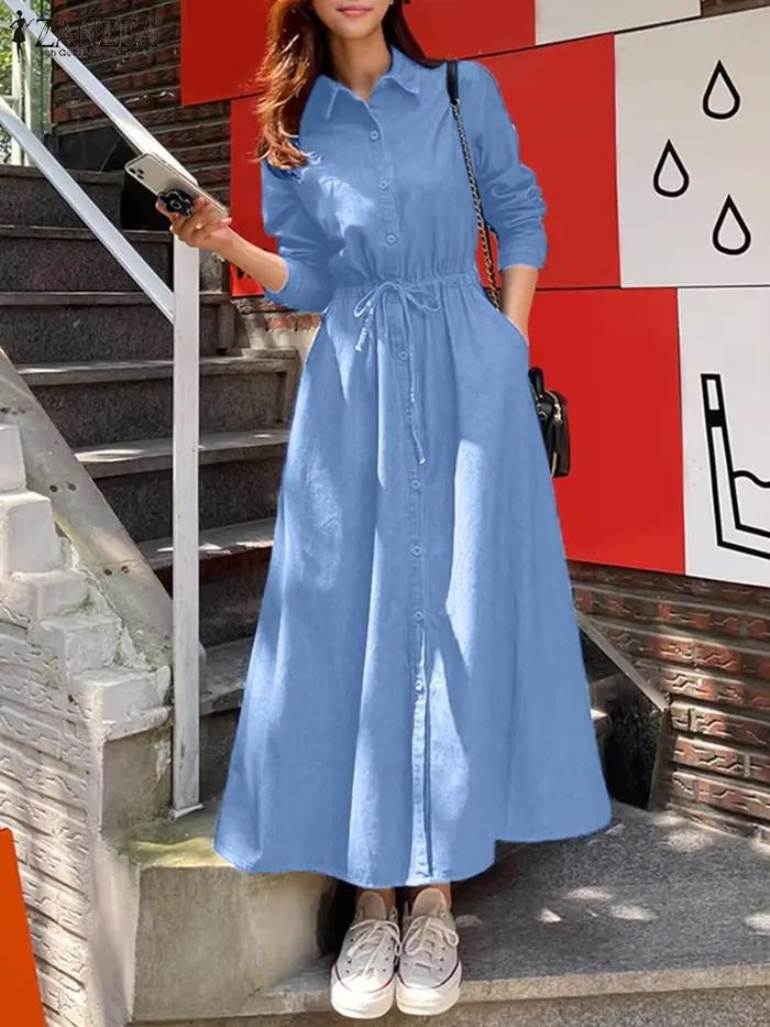 ZANZEA-Robe d'été de travail élégante à manches longues pour femmes, Denim bleu, Robe décontractée à