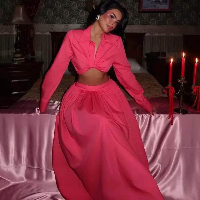 Ensembles deux pièces fuchsia, robe d'anniversaire à manches longues, vêtements pour femmes, robes d