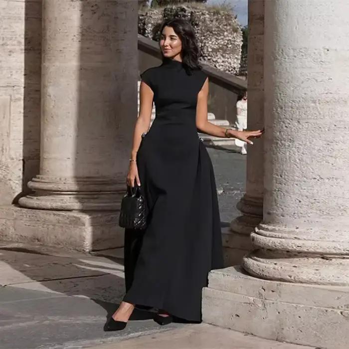 Robe Longue Élégante à Col Haut pour Femme, Chic, Couleur Unie, Plis en Fibre, Forme Trapèze Irrégul