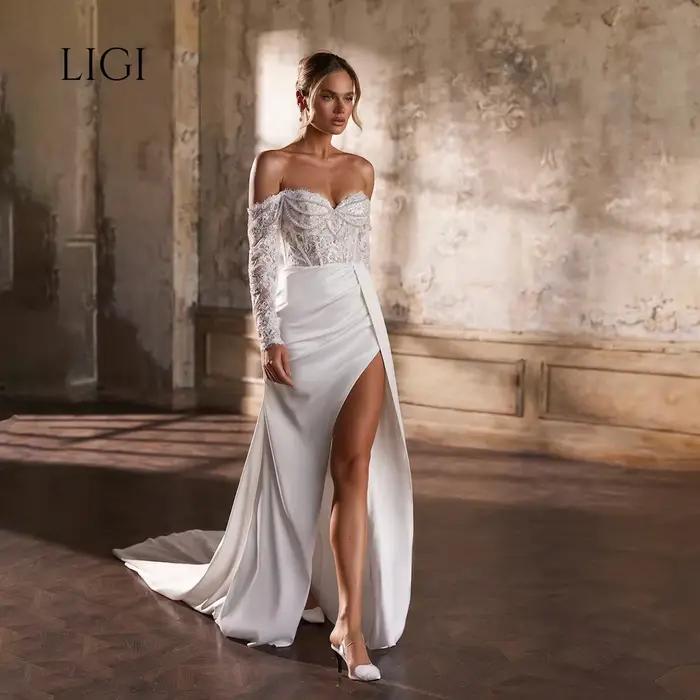 Robe de mariée sirène classique LIGI plissée en dentelle, avec appliques cœur, dos nu, manches longu