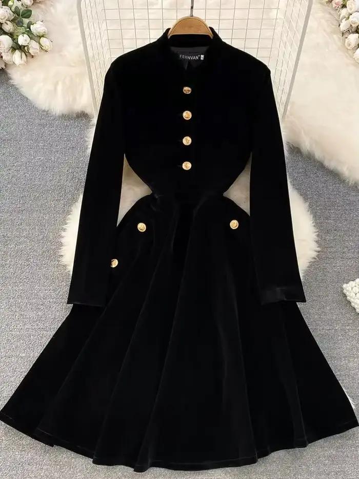 Robe élégante en velours noir pour femme, vêtements optiques vintage, manches longues, simple bouton