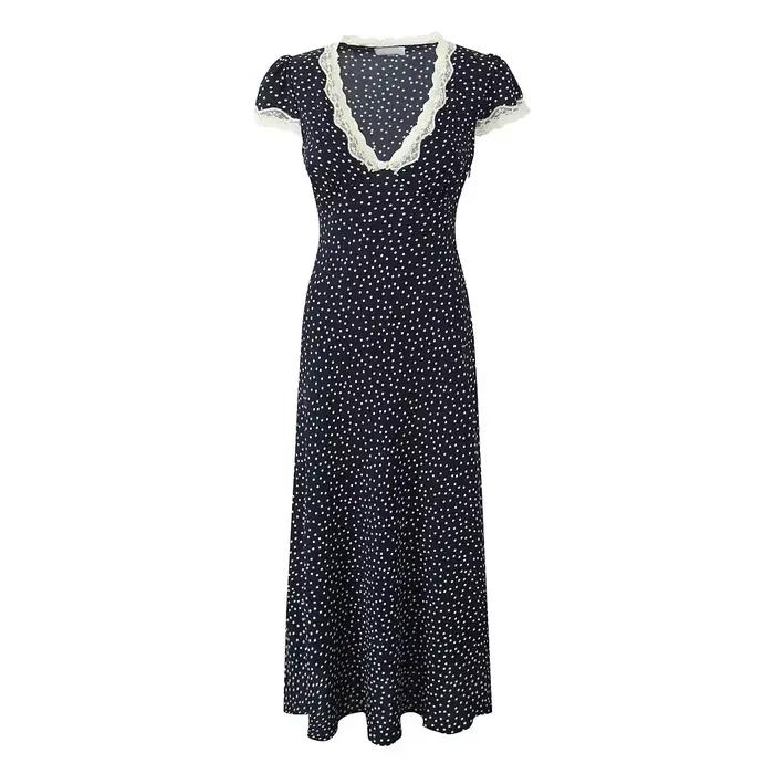 YENKYE-Robe longue bleu marine à pois pour femmes, bordure en dentelle, col en V, manches courtes, l