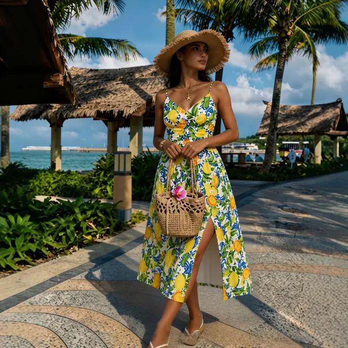 Robe imprimée de vacances, col en V, sexy, à bretelles, taille cintrée, jupe longue, tenue de plage,