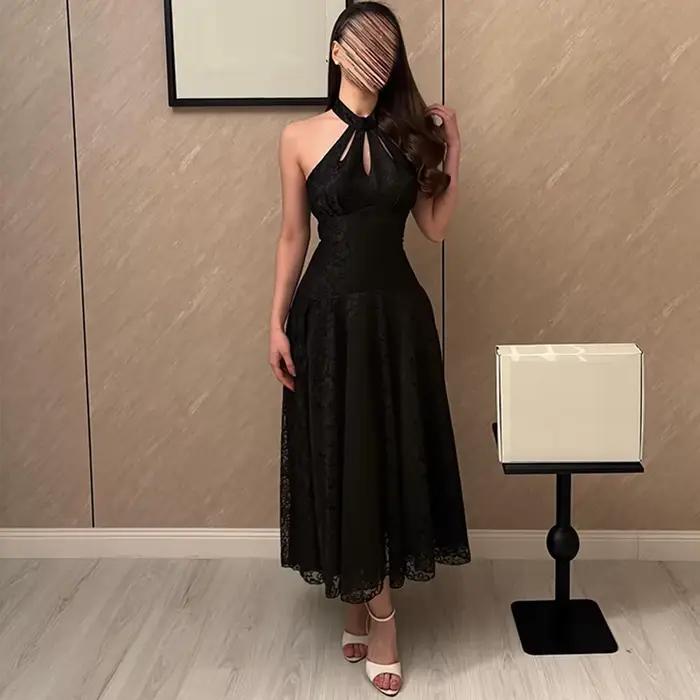Robe de soirée élégante en dentelle noire, simple, sans manches, pour bal de promo, délicate, dos nu