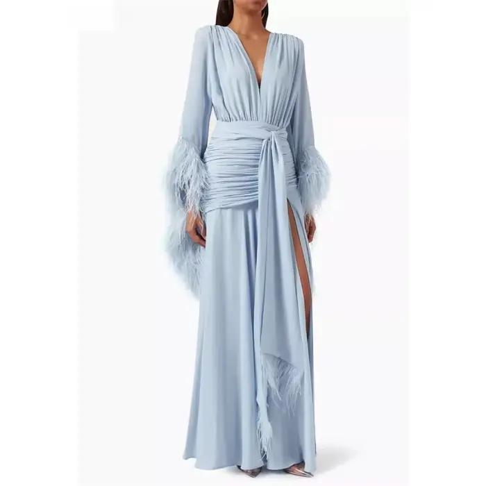Robe de soirée bleu clair, col en v, plumes, manches longues, robes de soirée élégantes, en mousseli