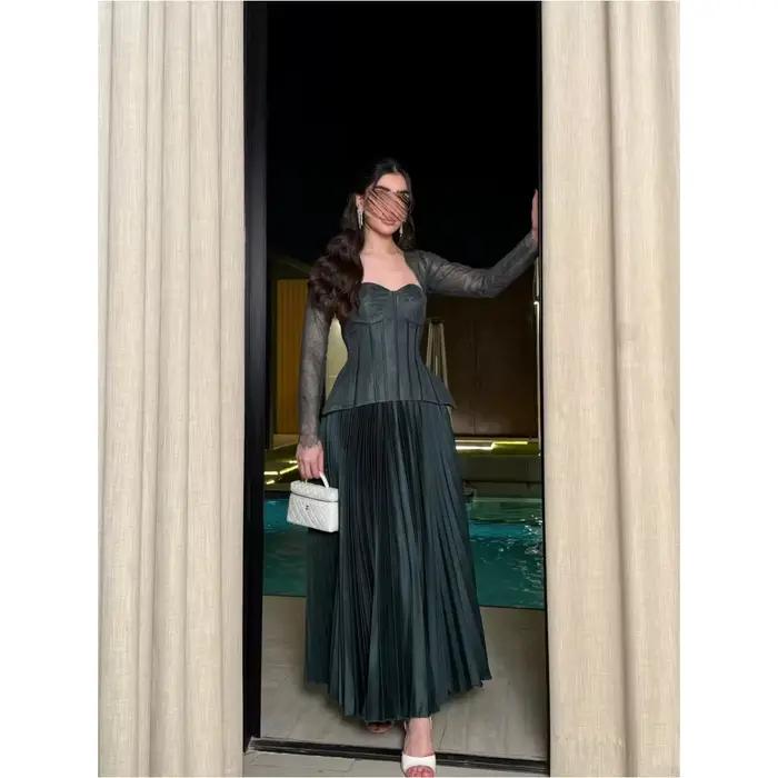 Robe de soirée sur mesure en dentelle turquoise à manches longues, style rétro, pour occasions spéci