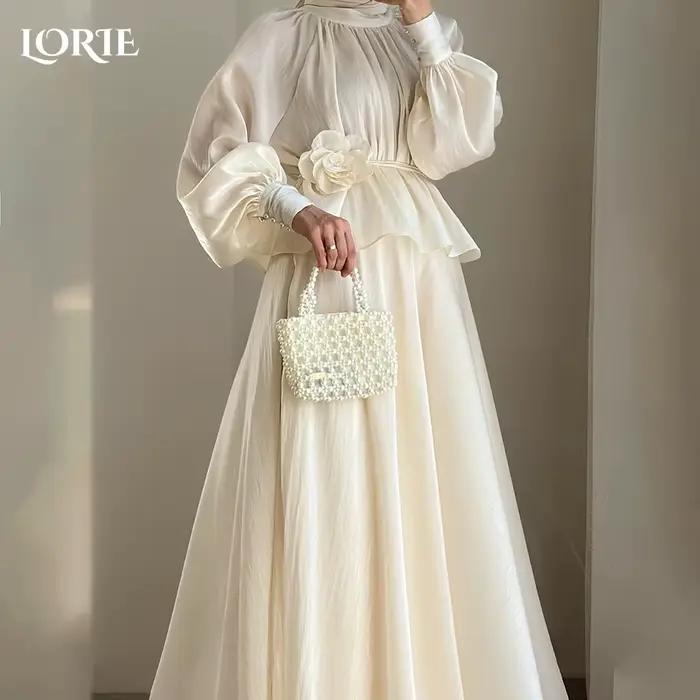 LORIE robes de mariée musulmanes manches bouffantes plis col rond col haut a-ligne église Boho robe