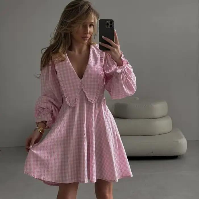 Robe trapèze à carreaux pour femmes, élégante, manches longues lanterne, col Peter Pan, Corset féeri