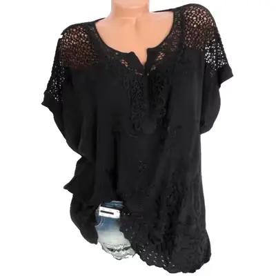 Grande taille S-6XL femmes nouveau été creux solide Y-manches chauve-souris broderie femme T-Shirt S