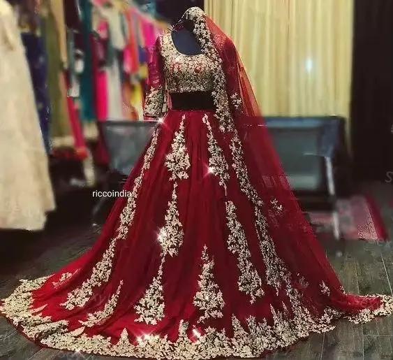 Robes de mariée sexy indiennes arabes bordeaux avec cape voile deux pièces dentelle dorée musulmane