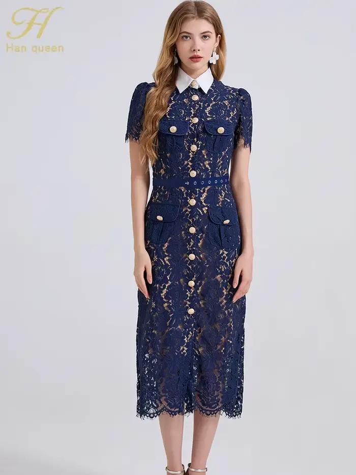H Han Queen élégant France femmes simple boutonnage dentelle robes femme évider à manches courtes Vi