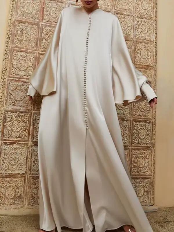 Robe de soirée fendue pour femmes musulmanes, couleur unie, col rond, manches longues chauve-souris,