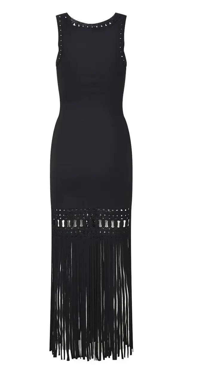 Robe tricotée à franges noires, sans manches, Slim, Simple, longue, robe de soirée élégante pour fem