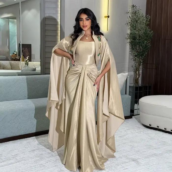 Sharon Said Champagne sirène perles robe de soirée avec Cape drapée pour les femmes robe de mariée r