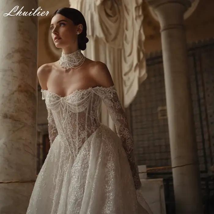 Lhuilier personnalisé une ligne Illusion dentelle robes de mariée hors de l'épaule perlée robes de m