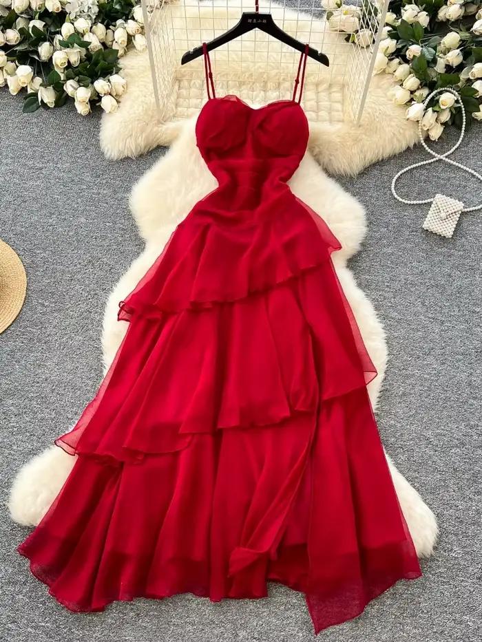 Robe de plage rouge d'été pour femmes, plissée, sans bretelles, à volants irréguliers, longue, Vinta