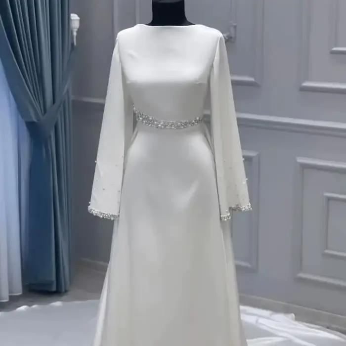 Robe de mariée musulmane élégante personnalisée, perles perlées, ivoire, col haut, robes de bal simp
