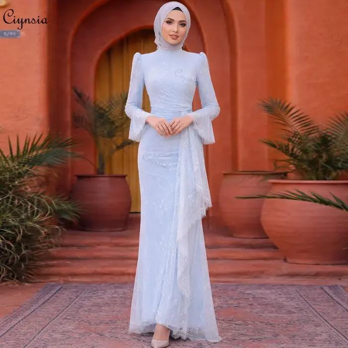Robe de soirée modeste Ciynsia, style sirène, en dentelle, Dubaï, manches longues, robes formelles m