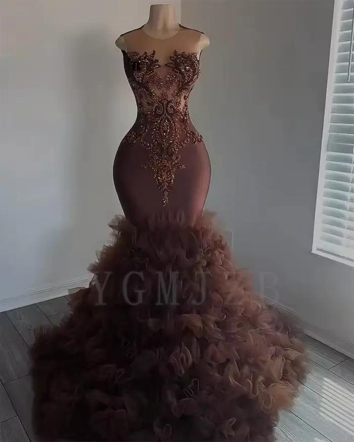 Robes de bal perlées marron luxe filles noires sirène diamants volants bouton fête de mariage annive