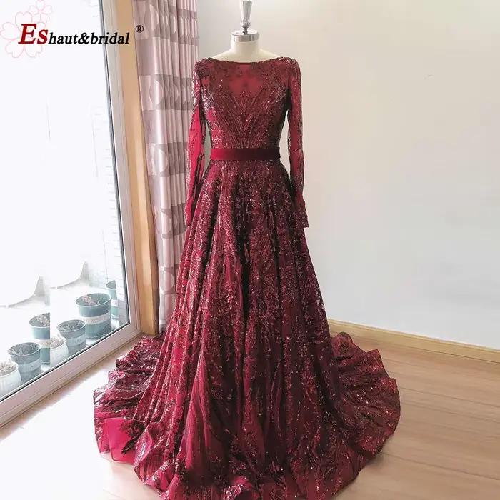 Robe de soirée de luxe A-Line Dubaï pour femme musulmane 2026, manches longues, sequins, grande tail
