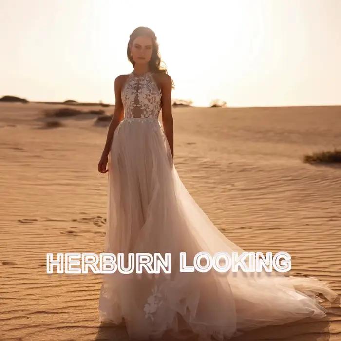 HERBURN élégant a-ligne robes de mariée pour les femmes licou dentelle Appliques Illusion pli robe d
