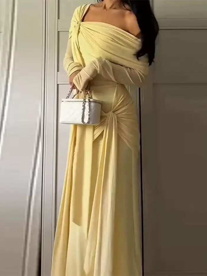 Col incliné ruban plissé longueur au sol robe femmes Chic à manches longues taille cintrée hanche pa
