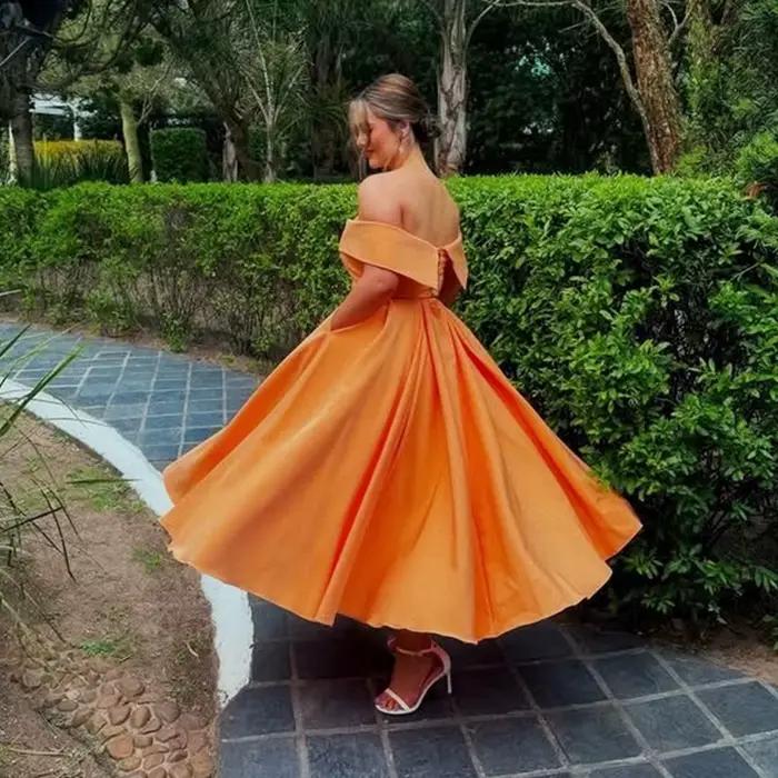 Magnifique robe de bal Orange en Satin, épaules dénudées, ligne A, dos à lacets, longueur cheville,