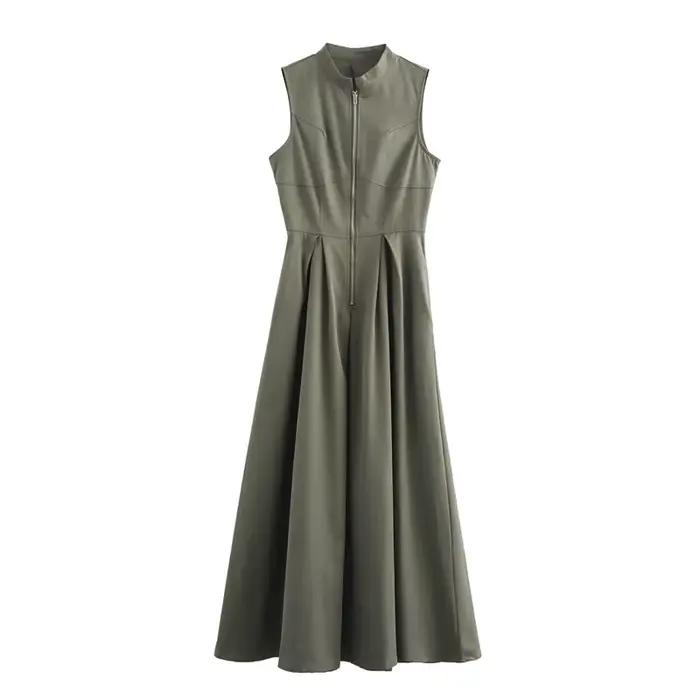 MUJER fermeture éclair longue robe femme plissée sans manches robe moulante été élégant robes de soi