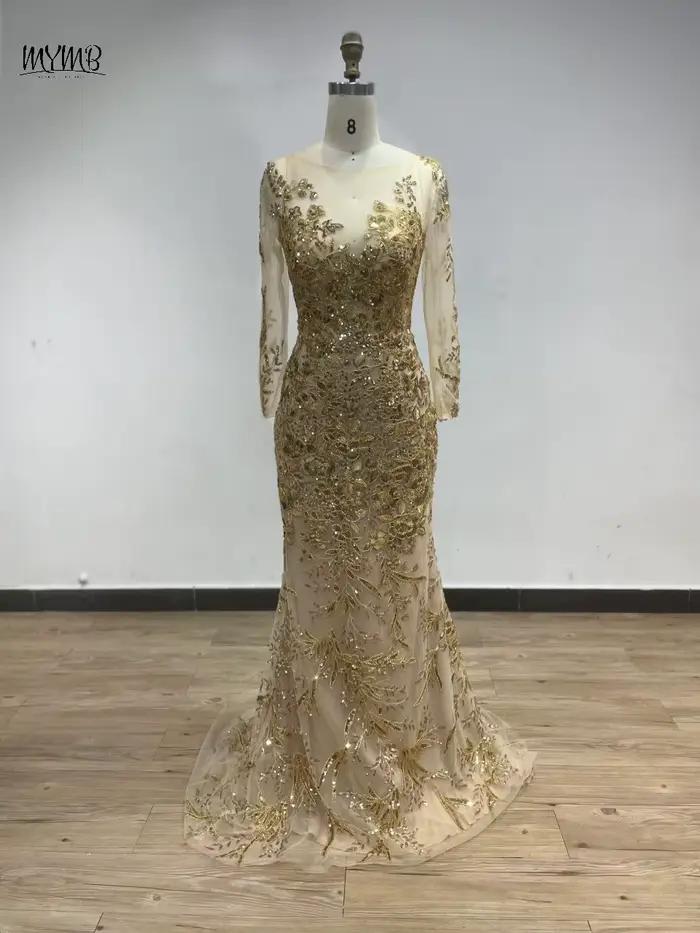 MYMB or transparent manches longues élégant mère de la mariée robes pour les mariages de luxe perlé