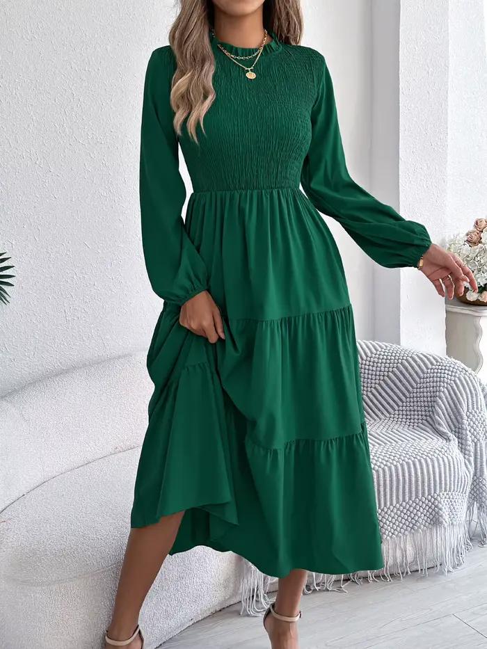 Robe mi-longue à manches longues et col rond pour femmes, couleur unie, vacances de printemps, taill