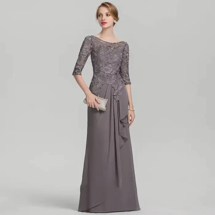 Robes de Soirée Marron pour Mère de la Mariée avec Manches Mi-Longues en Chiffon, Robes de Mariage p