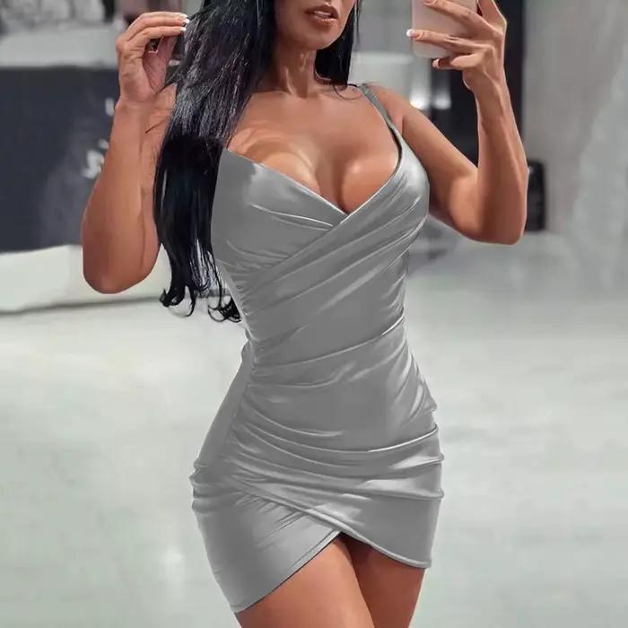 Robe de Soirée Courte en Cuir PU pour Femme, Tenue de Cocktail Formelle, Slim, Hanche Ronde, Ourlet