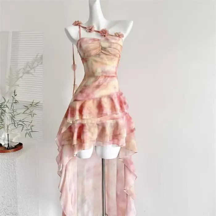 Nouvelle Robe Mini en Chiffon à Volants Irréguliers Imprimé Floral Style Vacances, Bretelles Fleurie
