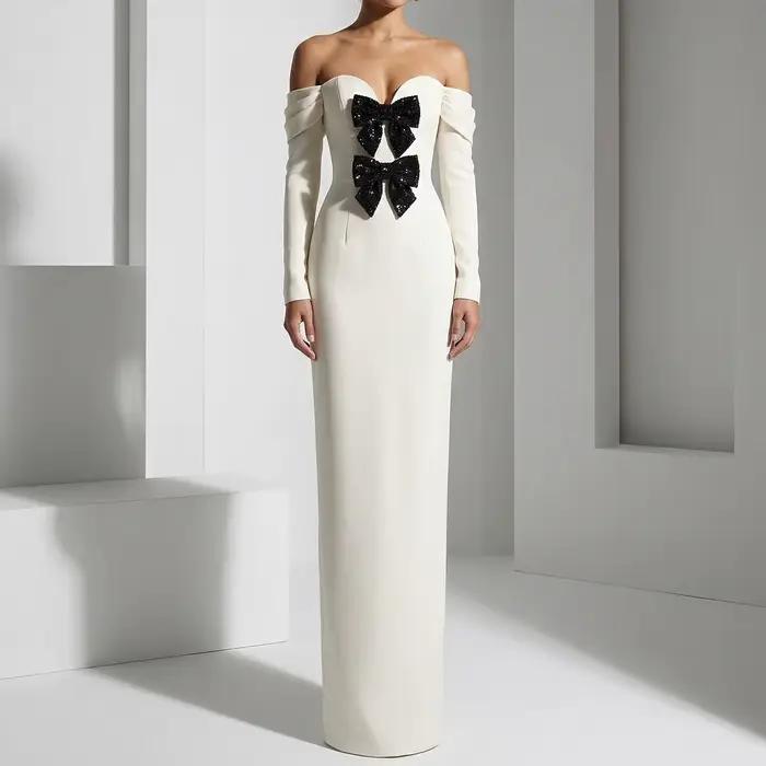 Robe de soirée beige à épaules dénudées avec nœud, robes de bal sirène, robes de soirée formelles po