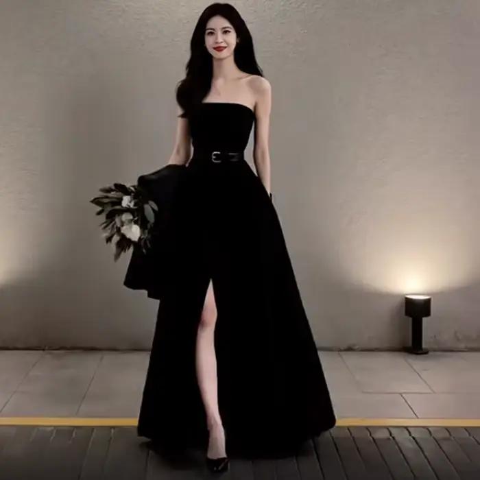 Robe de mariée noire sans bretelles, fente latérale, Simple et à la mode pour les réunions annuelles