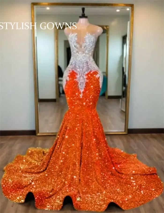 Robe de bal longue de luxe Orange pour filles noires, avec des Appliques de perles, robe de fête d'a