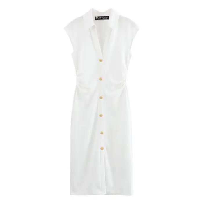 BSAY robe pour femmes mode été nouveau pli sans manches col en v simple boutonnage robes mi-longues