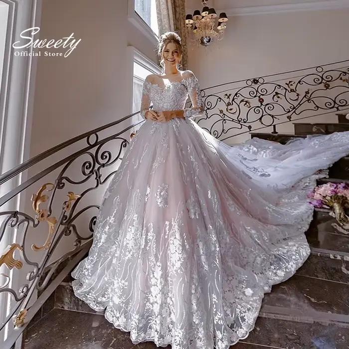 Robe de Mariée de Luxe en Dentelle avec Manches sulfet Col Rond, Vêtement de Bal avec lèvent Personn