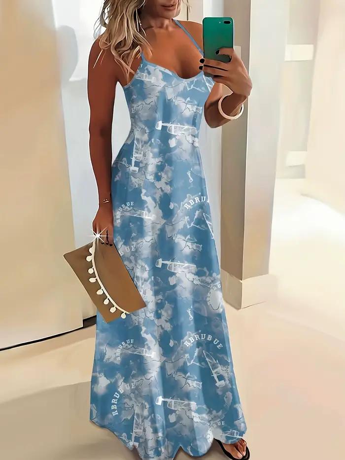 Blue Printed Summer Vacation Dress for Women Sleeveless Tank Maxi Dress with White Letter Pattern Ca