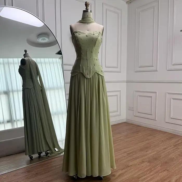Robe de soirée élégante vert sauge, ligne a, robe de bal en mousseline de soie avec perles, personna