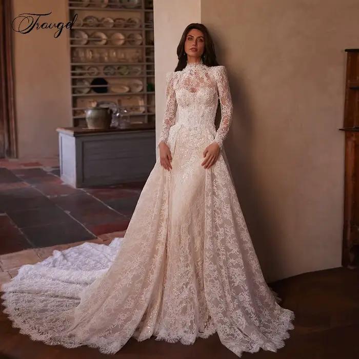Robe De mariée sirène personnalisée, Sexy, col haut, manches longues, dentelle perlée, Train détacha