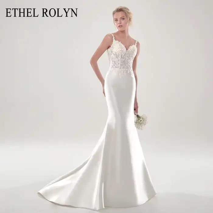 ETHEL ROLYN Robe De mariée sirène Satin dentelle Appliques bretelles Spaghetti dos nu avec veste rob