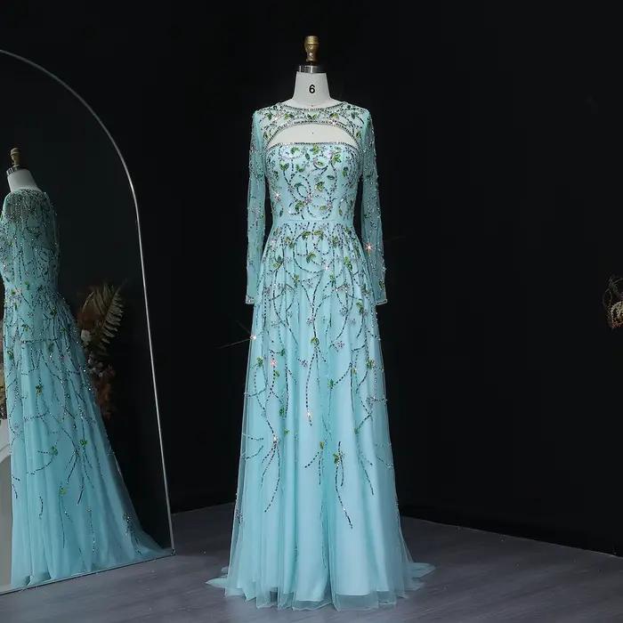 Sharon Said vert perlé sirène robes de soirée à manches longues gris élégant femmes robes de soirée