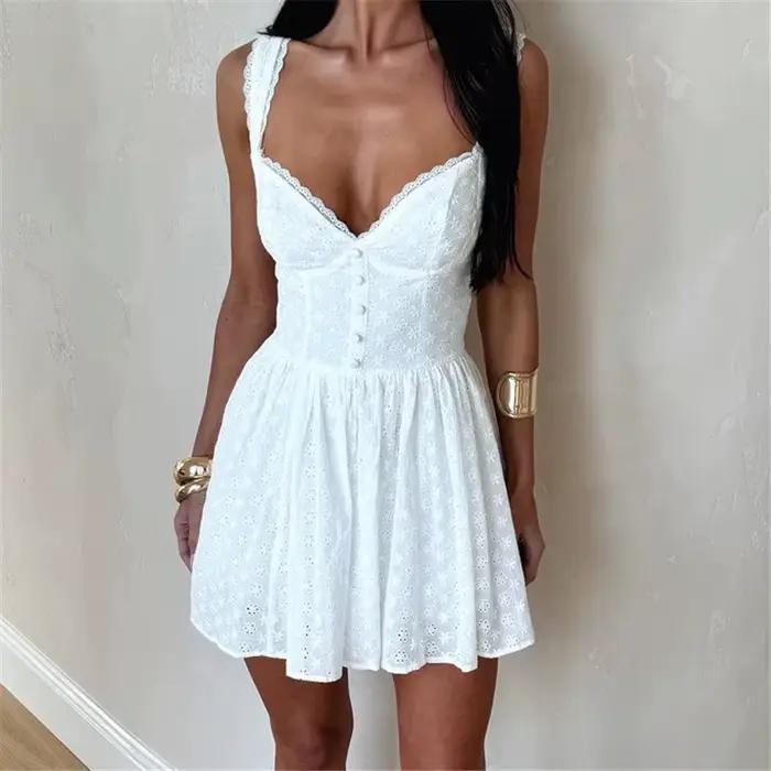 Hirigin – Mini robe d'été pour femmes, élégante, couleur unie, garniture en dentelle, fleur brodée,