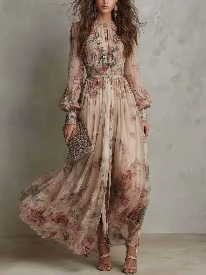 Robes longues élégantes en mousseline à manches longues pour femmes 2026 – Robe longue de soirée aju