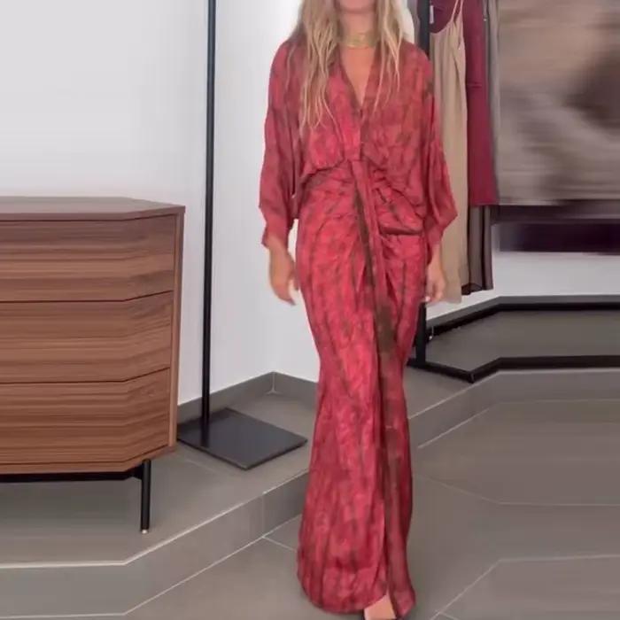 Robe longue drapée à motif imprimé pour femmes, élégante, col en v, manches chauve-souris, robe de s