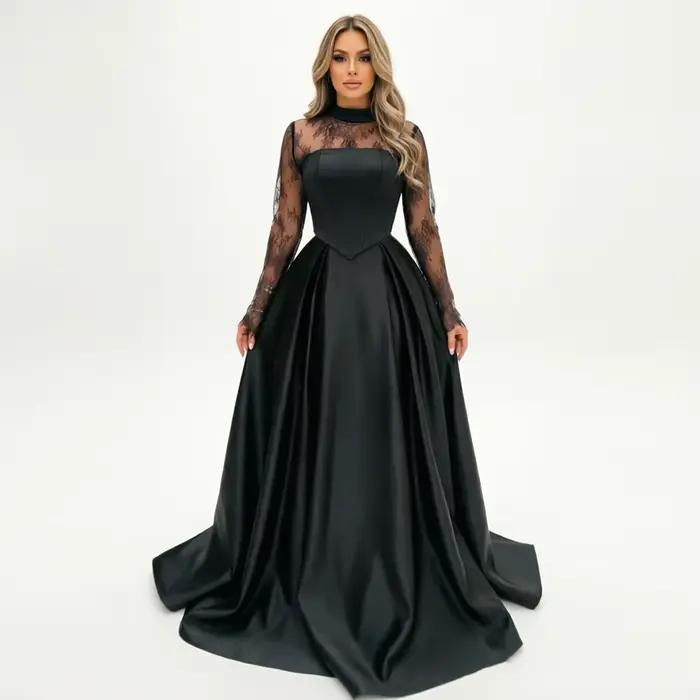 Robe de mariée noire arabe Eightale, personnalisée, col haut, manches longues, style A-Line, en sati
