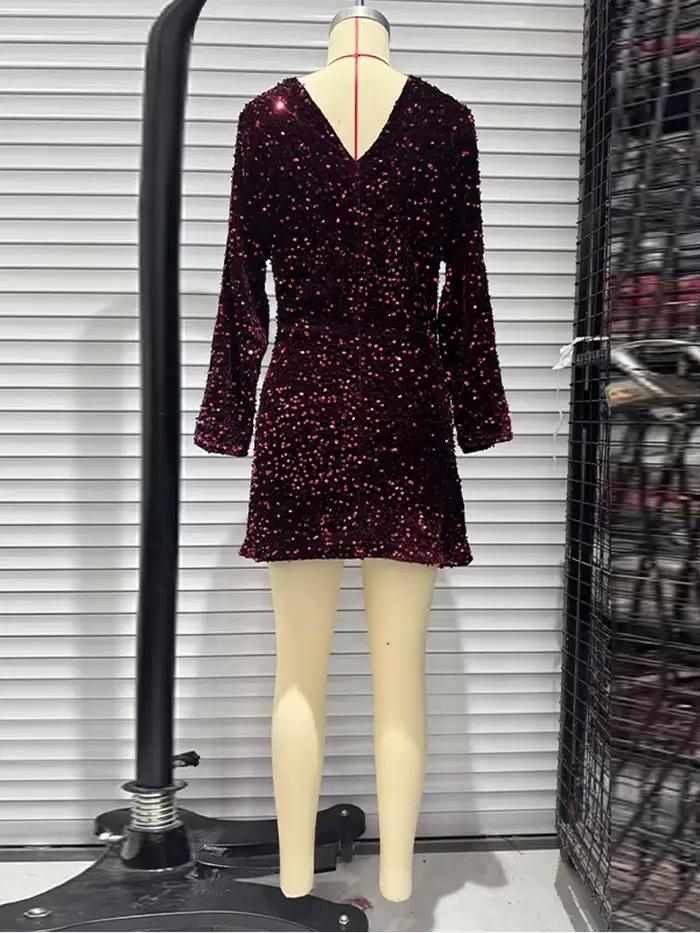 Robe de soirée à paillettes pour femmes, Mini robe brillante, col en v, manches longues, cintrée à l
