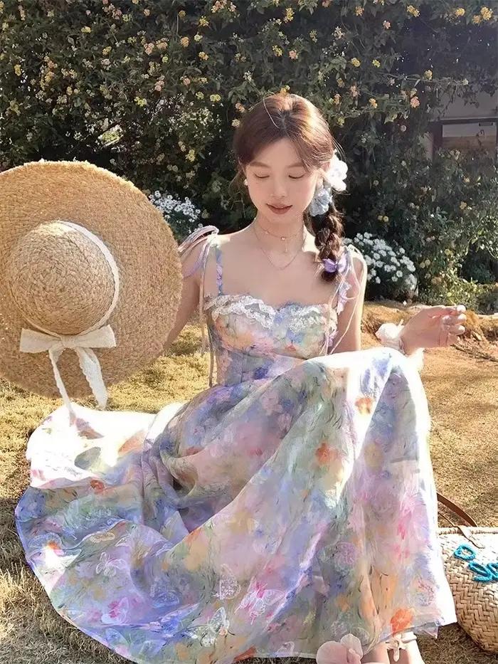 Français élégant robe à bretelles florales femmes doux Style de plage mode coréenne vêtements soirée